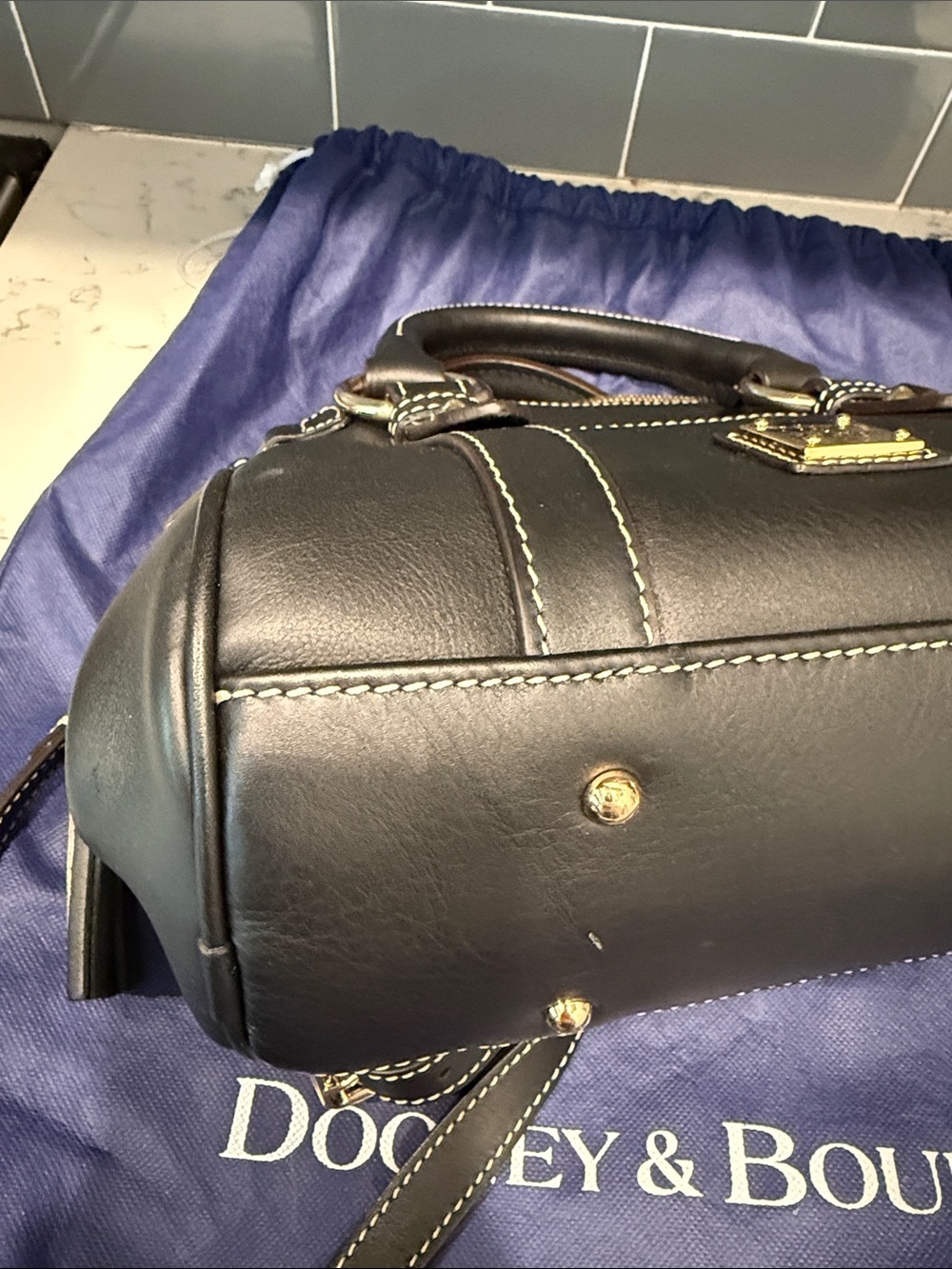 Dooney & Bourke Black Leather Satchel with Brown Handles and Gold Hardware - Picture 3 of 5